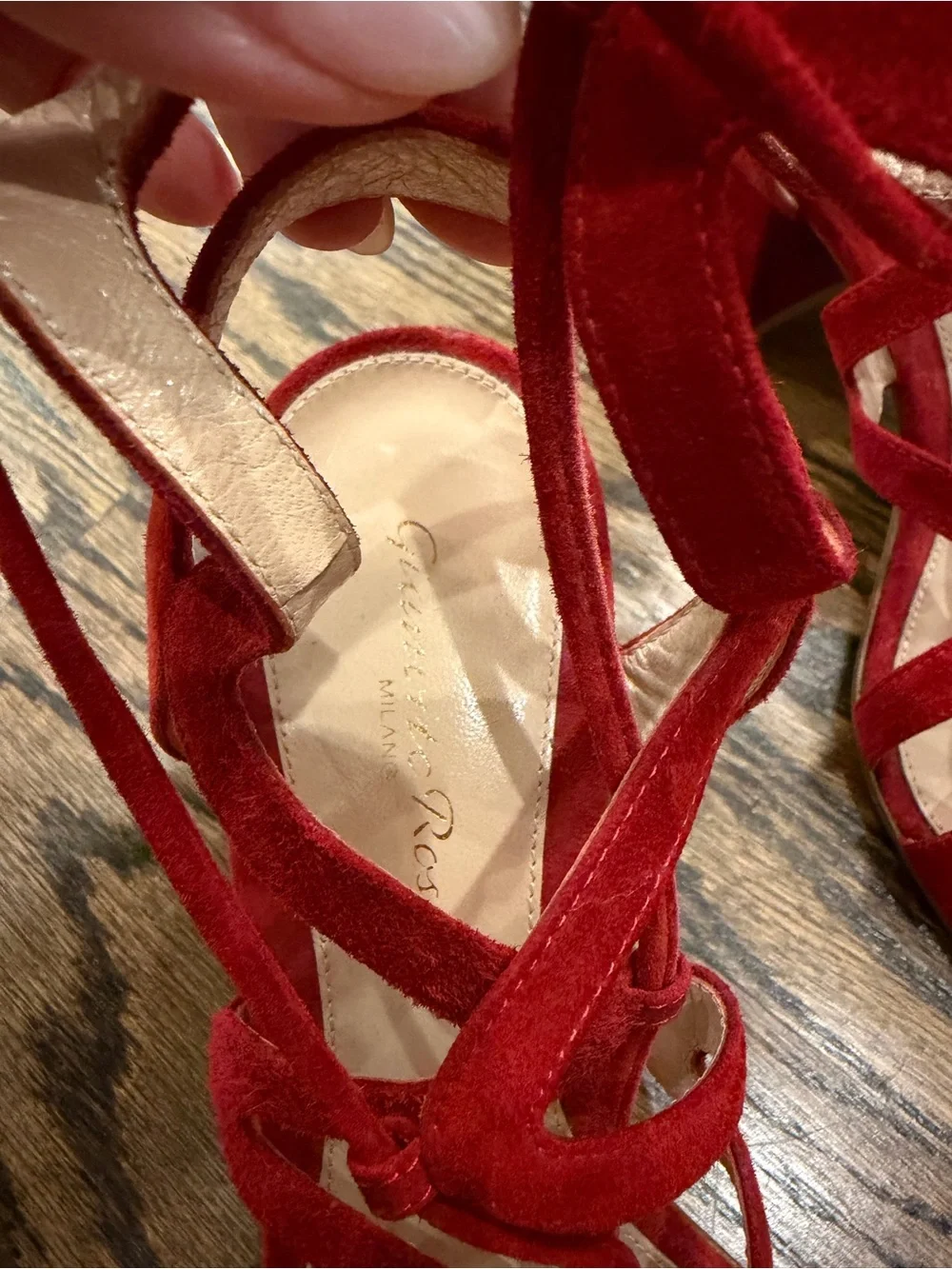 Gianvito Rossi Red Suede Lace-Up Block Heel Sandals